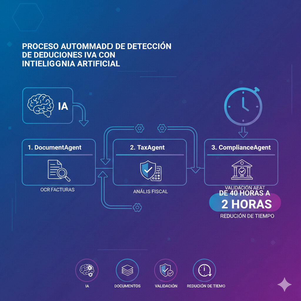 Diagrama de flujo mostrando proceso automatizado desde motor de documentos OCR facturas hasta ComplianceAgent validación AEAT y generación rectificativa modelo 303 automática