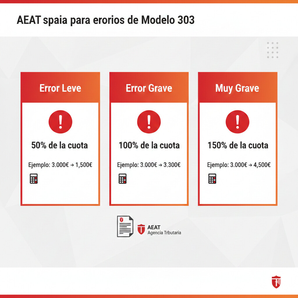 Tabla comparativa de recargos voluntarios versus sanciones AEAT por errores en modelo 303 con ejemplos de cuantías según Ley General Tributaria