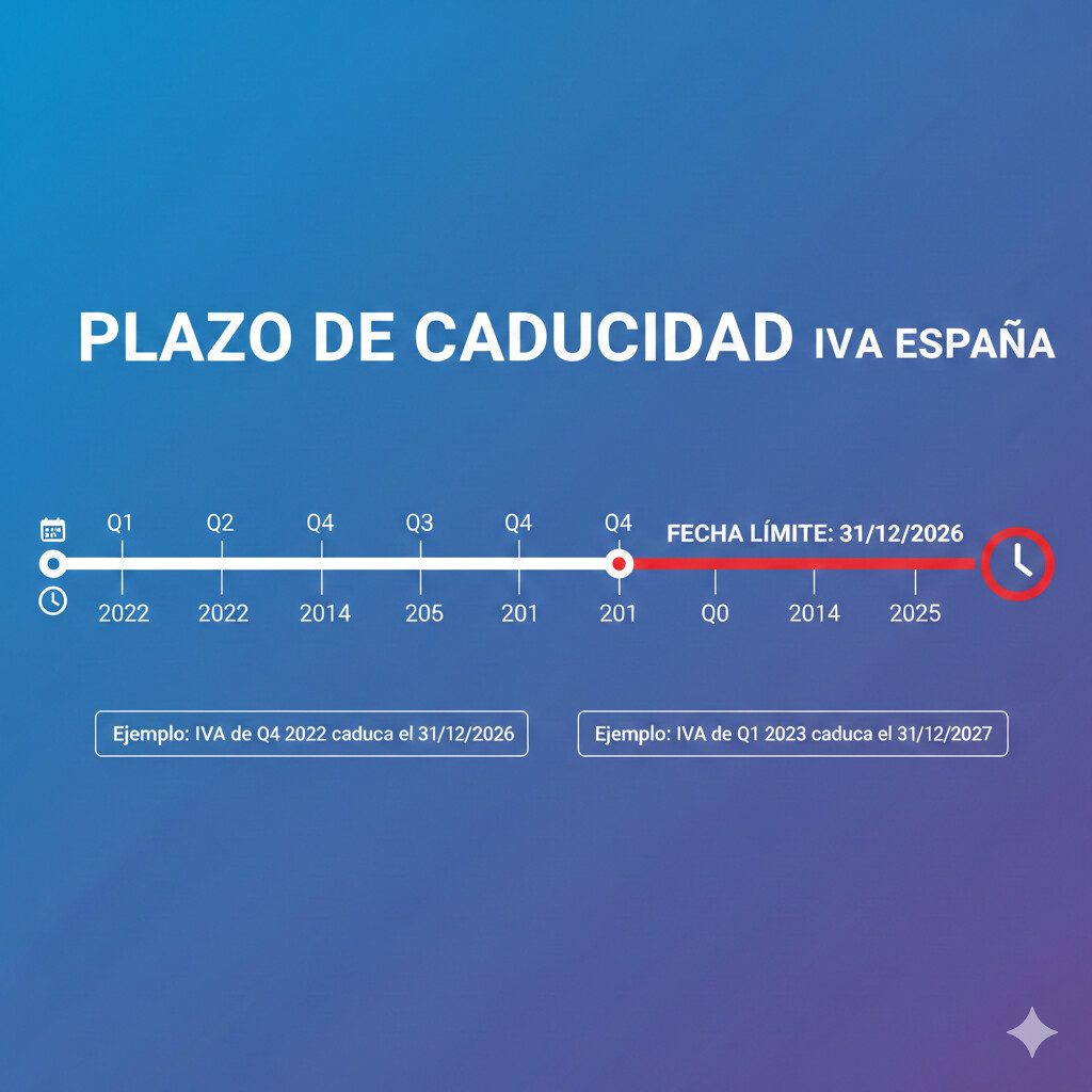 Timeline visual mostrando el plazo de 4 años de caducidad para deducciones IVA según normativa AEAT con ejemplos de facturas 2022-2026