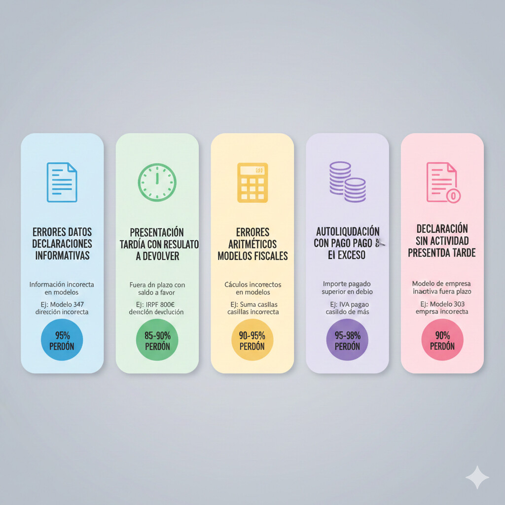 Infografía visual de las 5 categorías de errores fiscales subsanables sin sanciones según AEAT: errores en datos declaraciones informativas sin impacto fiscal, presentación tardía con resultado a devolver, errores aritméticos en modelos fiscales, autoliquidación con pago en exceso, y declaración trimestral sin actividad presentada tarde