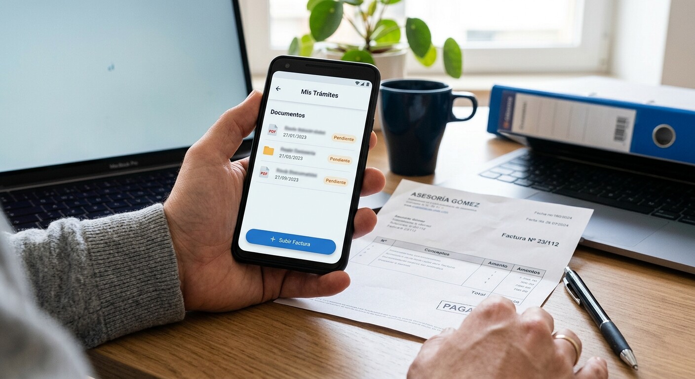 Cliente de una gestoría subiendo una factura desde el portal del cliente en el móvil, en lugar de enviarla por WhatsApp
