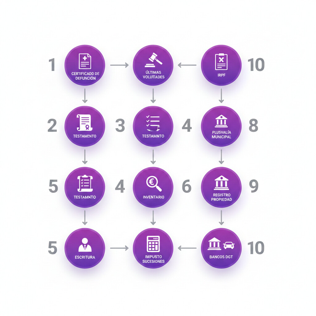 Diagrama de flujo visual mostrando los 10 pasos del proceso de liquidación de una herencia en España, desde el certificado de defunción hasta la inscripción en el Registro de la Propiedad