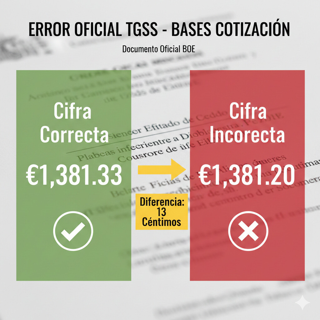 Error oficial TGSS bases de cotización mínimas 2025 - Diferencia €1,381.33 vs €1,381.20