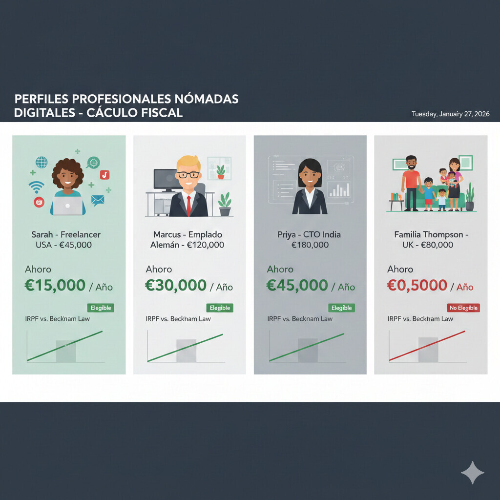Infografía 7 errores críticos gestorías nómadas digitales españa: perder plazo modelo 149, asesorar beckham autónomos, no acumular trimestres modelo 130, confundir base imponible, olvidar modelo 720