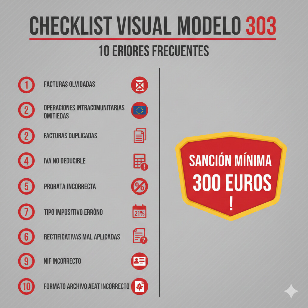 Checklist validación modelo 303 con 10 errores frecuentes AEAT: facturas olvidadas, IVA no deducible, trimestre incorrecto, prorrata mal aplicada, operaciones intracomunitarias omitidas, con sanciones asociadas