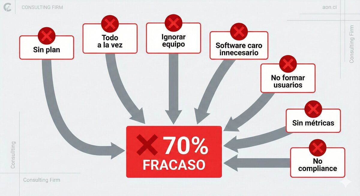 Diagrama visual mostrando los 7 errores mortales que causan el fracaso del 70% de digitalizaciones en gestorías según McKinsey