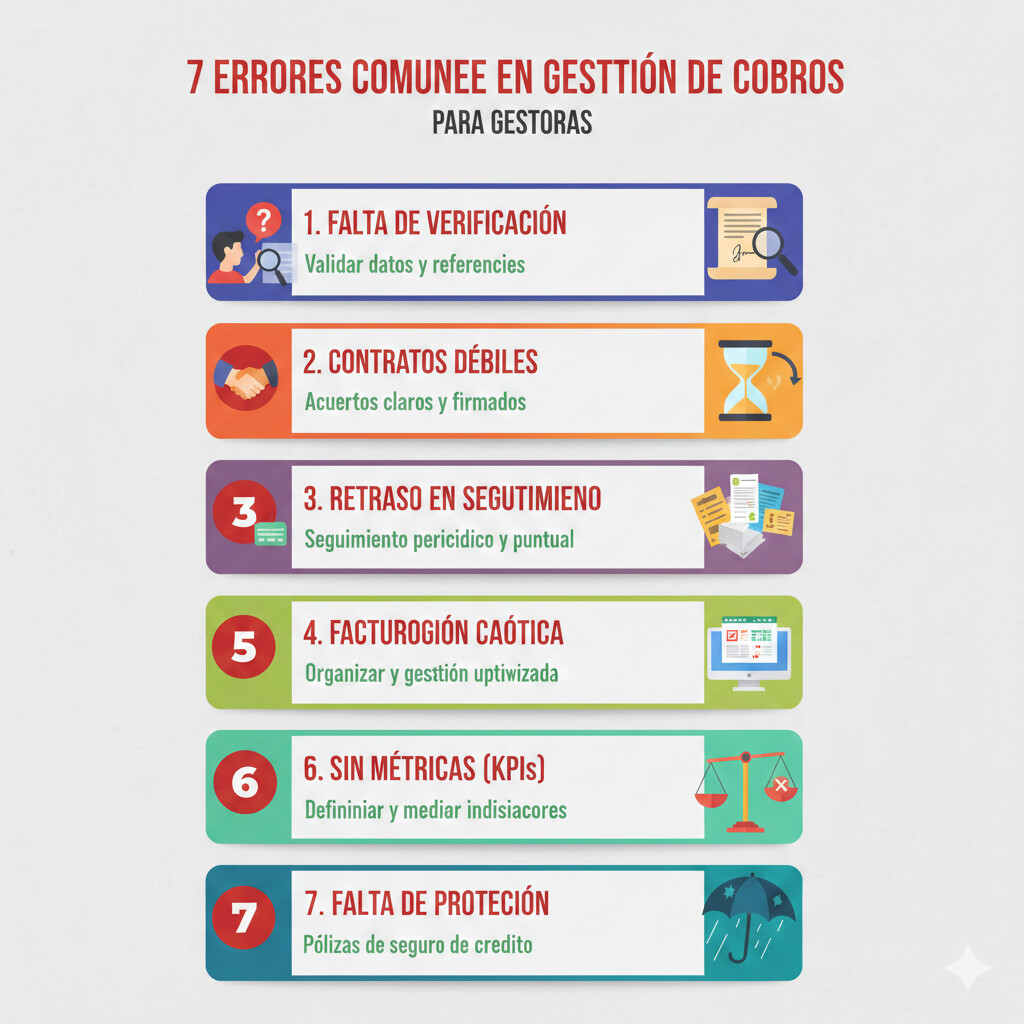 Infografía visual con los 7 errores comunes en gestión de cobros: falta políticas claras, facturas enviadas tarde, no priorizar deudas, procesos manuales Excel, tecnología obsoleta, no medir KPIs, no asegurar contra impagos