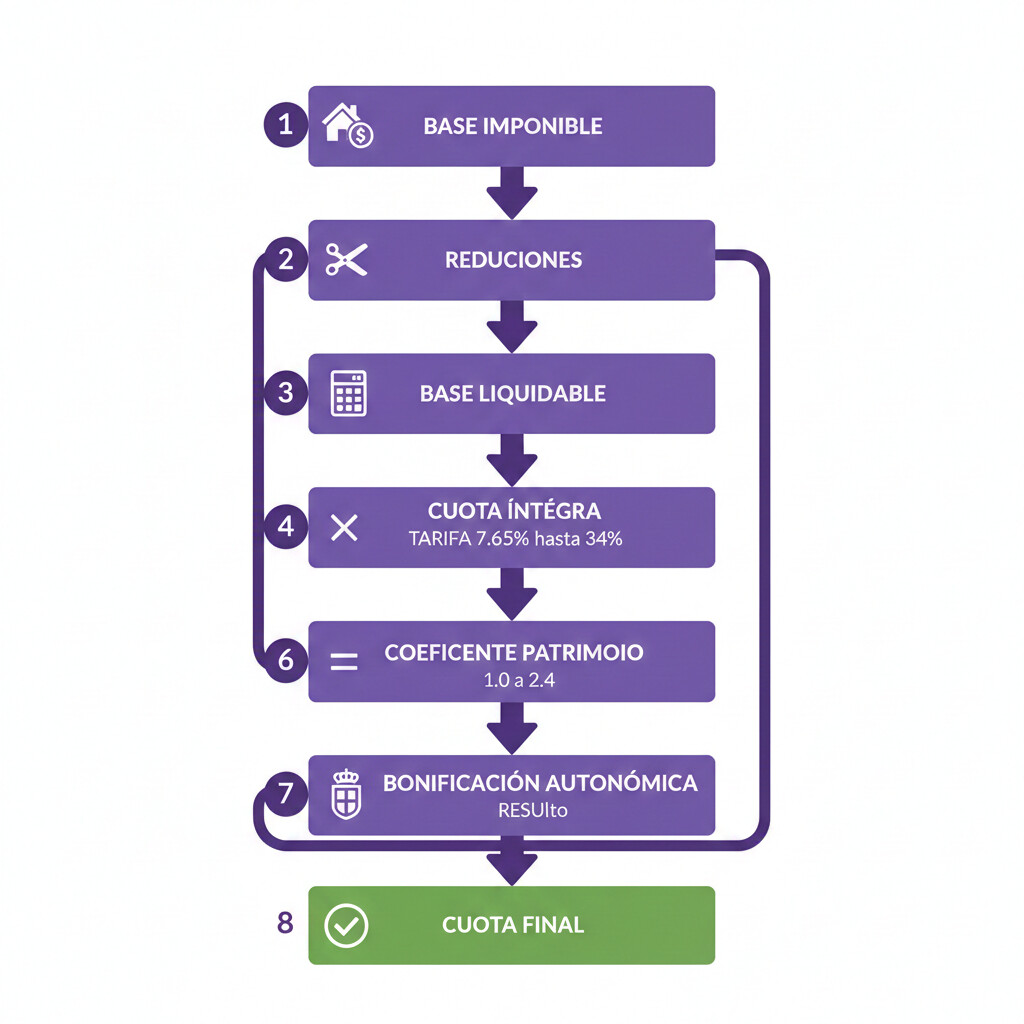 Diagrama de flujo mostrando el proceso de cálculo del Impuesto de Sucesiones: base imponible, reducciones, tarifa estatal, coeficiente patrimonio preexistente y bonificación autonómica final
