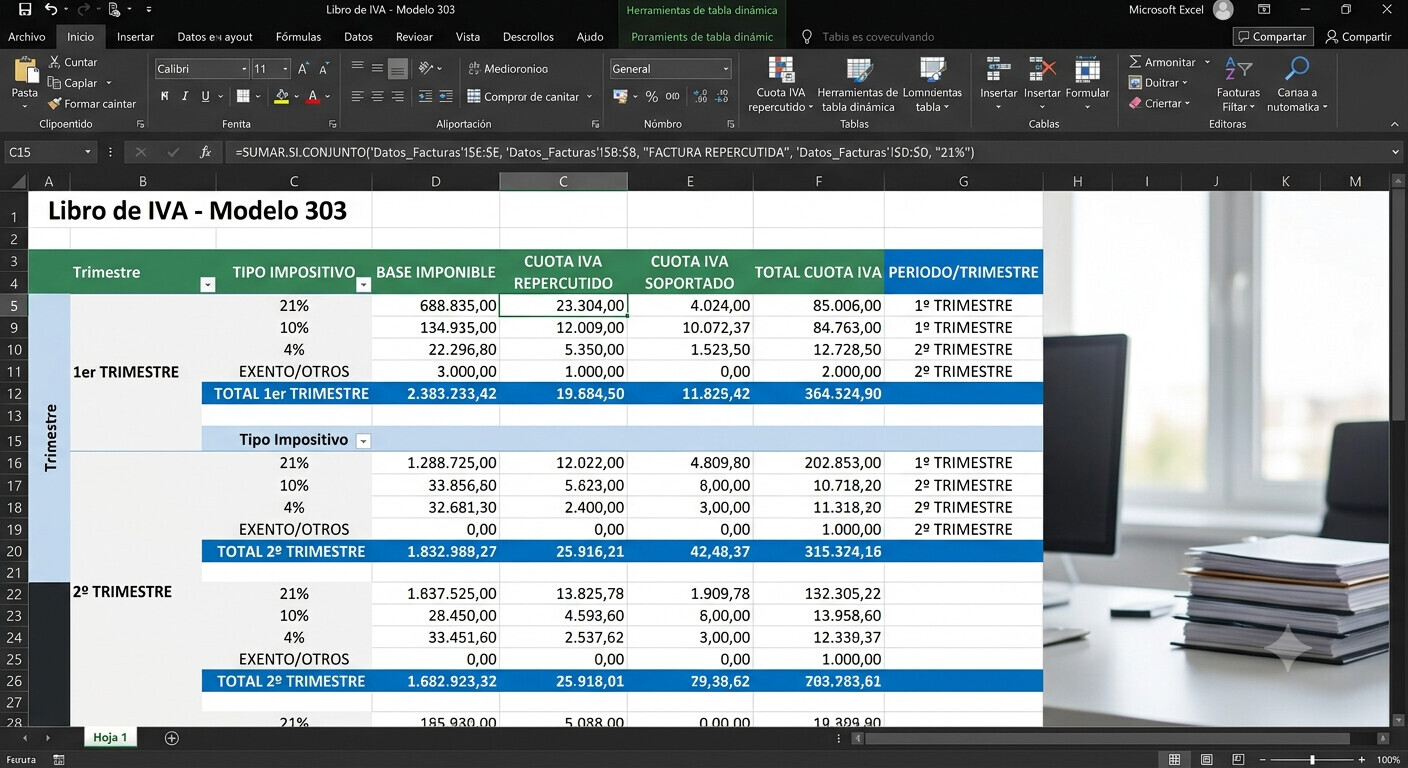 Hoja de Excel con fórmula BUSCARX cruzando movimientos bancarios y facturas para conciliación automática en gestoría