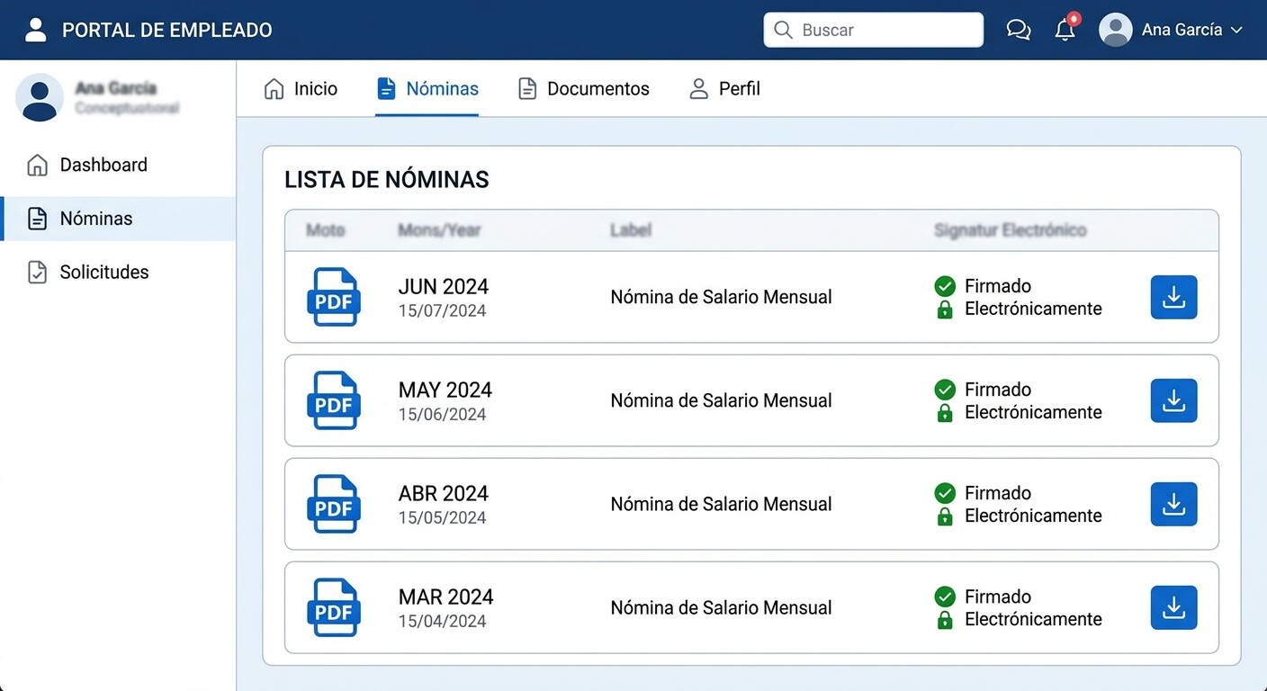 Pantalla de un portal de cliente mostrando el historial de nóminas descargadas con fecha, huella del documento e indicador de firma electrónica simple