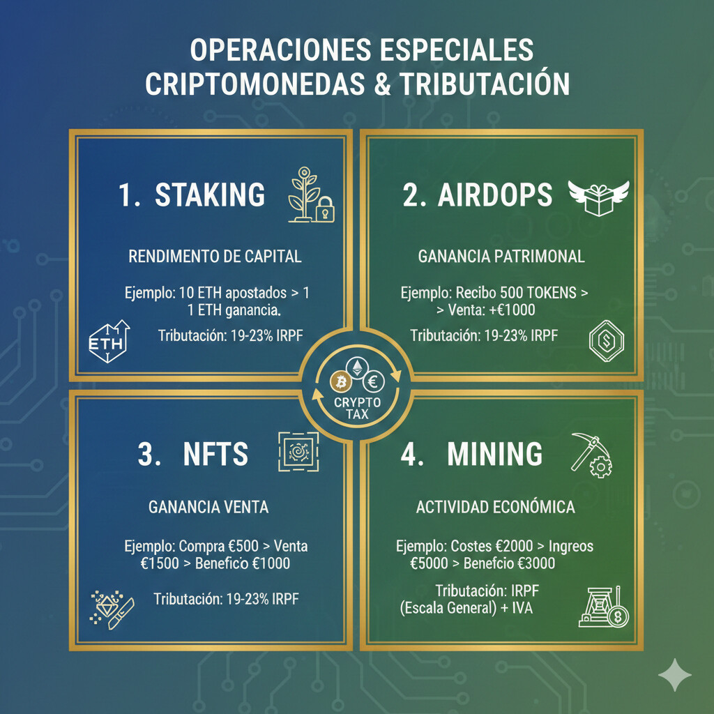 Tributación staking mining NFTs airdrops España
