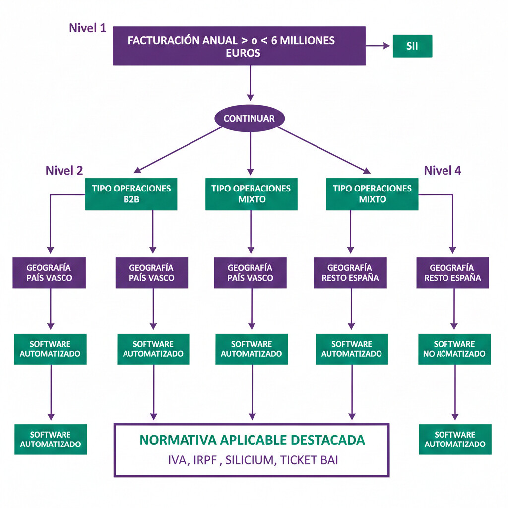 Diagrama de flujo de decisión con 4 preguntas: facturación anual >6M (SII), tipo operaciones B2B/B2C/mixto, geografía País Vasco vs resto España, software con macros, resultado final normativa aplicable, diseño profesional estilo árbol decisión