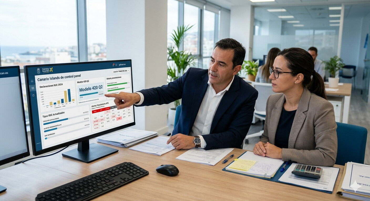 Equipo de una gestoría peninsular usando el panel de control de CopilotGestoria para gestionar modelos IGIC y declaraciones trimestrales de clientes con actividad en Canarias