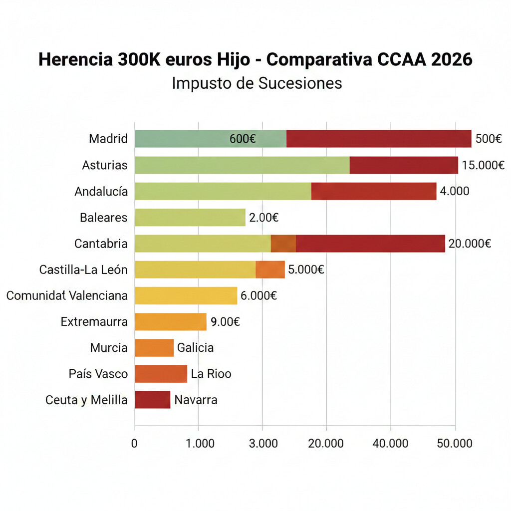 Gráfico de barras comparando la cuota del Impuesto de Sucesiones para una herencia de 300.000 euros en las 17 comunidades autónomas, mostrando visualmente las diferencias masivas