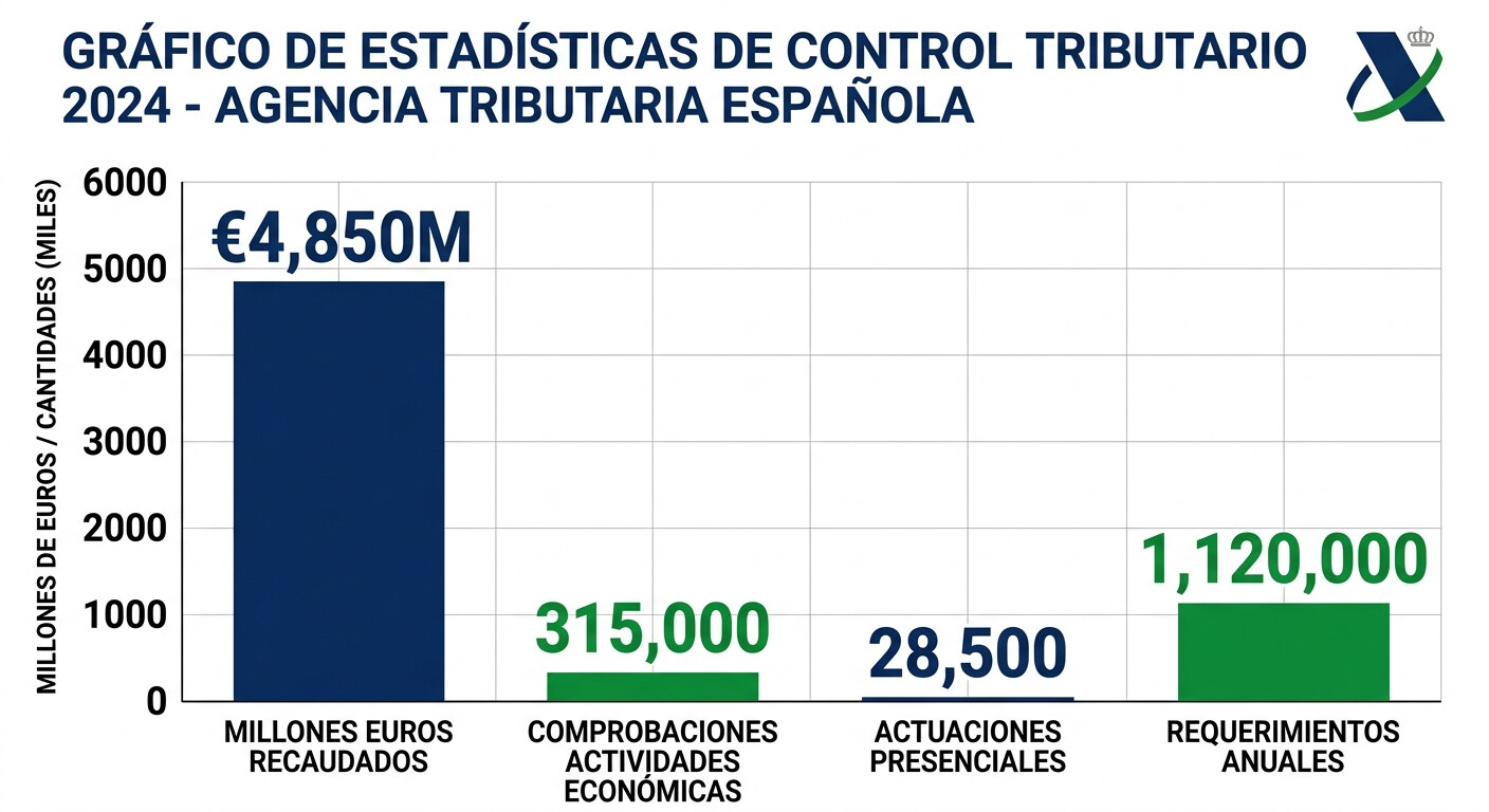 Gráfico de barras con la evolución de actuaciones de control AEAT 2022-2024: comprobaciones actividades económicas, actuaciones presenciales y requerimientos anuales