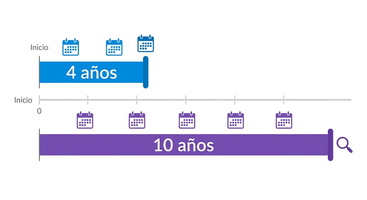 Línea de tiempo comparando los 4 años de prescripción del artículo 66 LGT con los 10 años de comprobación del artículo 66 bis LGT