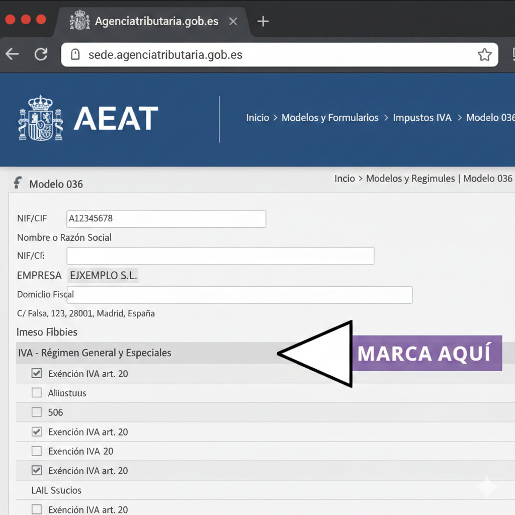 Guía paso a paso modelo 036 AEAT para solicitar IVA Franquiciado: acceso Sede Electrónica, rellenar sección IVA régimen franquicia, plazos presentación, confirmación