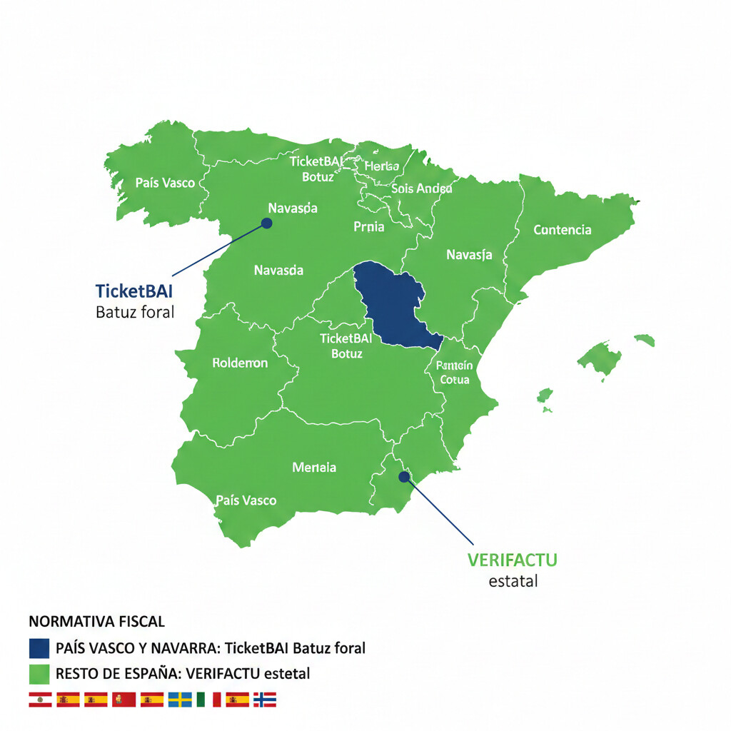 Mapa de España con regiones coloreadas: País Vasco y Navarra en azul (TicketBAI/Batuz foral), resto de España en verde (VERIFACTU estatal), leyenda clara, estilo infográfico profesional