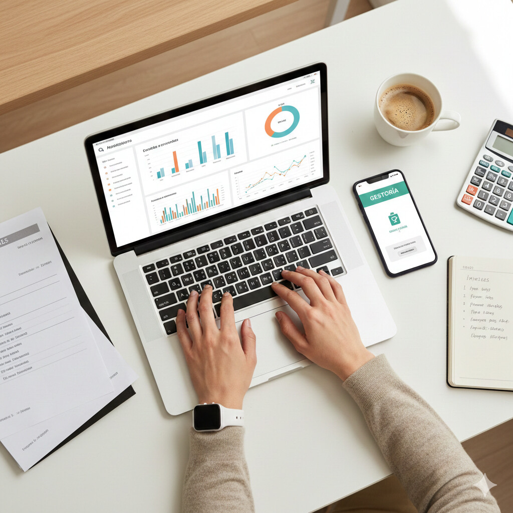 Autónomo español trabajando con ordenador portátil, calculadora y documentos fiscales, mostrando organización y control sobre sus cotizaciones a la Seguridad Social