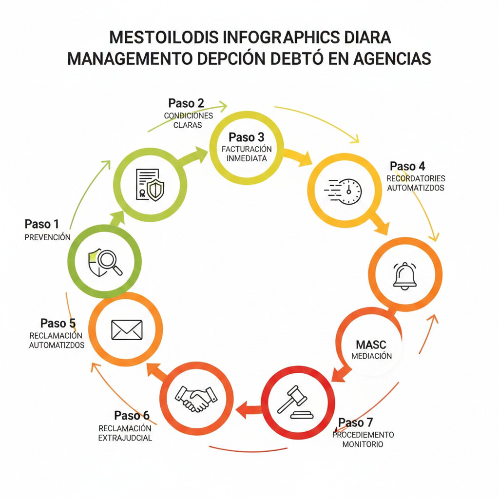 Diagrama flujo de la metodología 7 pasos para gestión de cobros: prevención, condiciones claras, facturación inmediata, recordatorios automatizados, reclamación extrajudicial, MASC mediación, procedimiento monitorio
