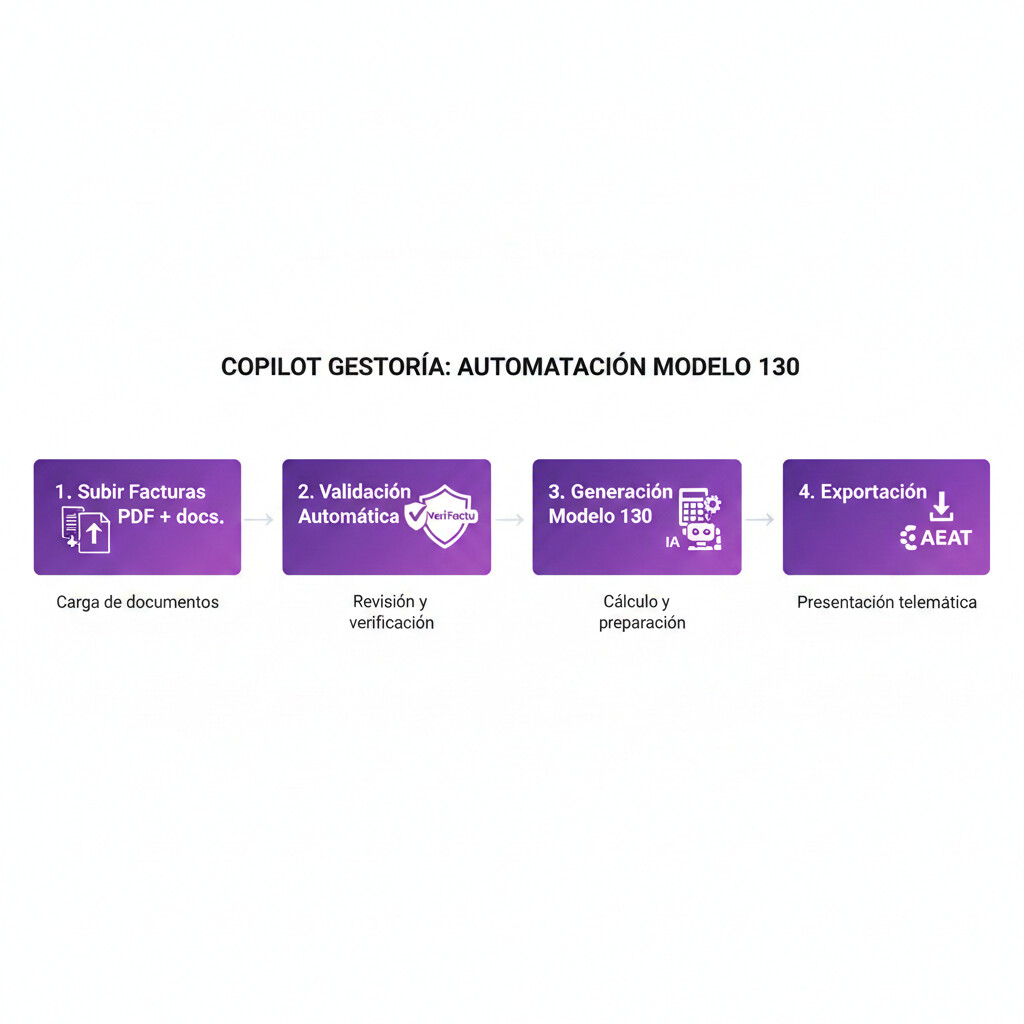 Diagrama de flujo visual mostrando los 4 pasos del proceso automatizado de CopilotGestoria para generar el Modelo 130: subir facturas, validación DocumentAgent, cálculo TaxAgent, exportación AEAT