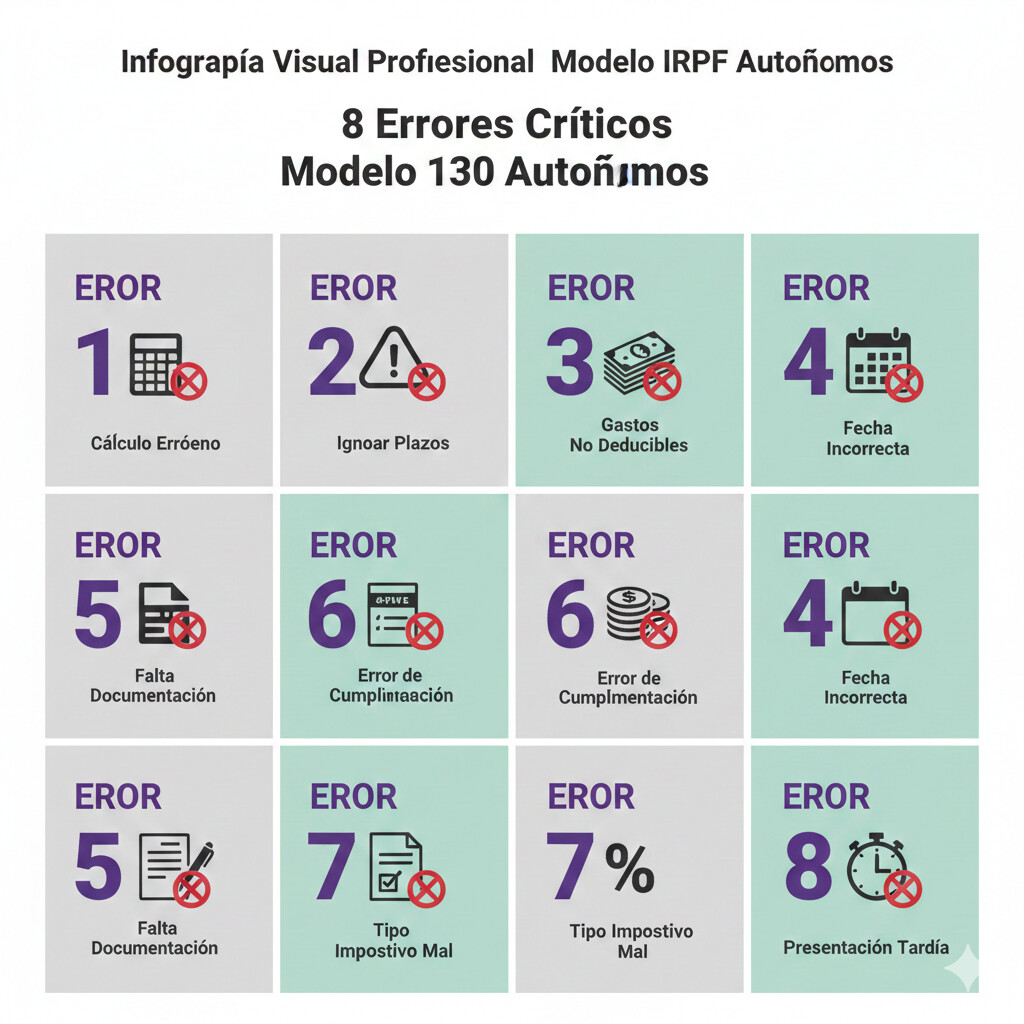 Infografía visual de los 8 errores más comunes al rellenar el Modelo 130 IRPF para autónomos en 2026, con iconos representando cada error y sus soluciones