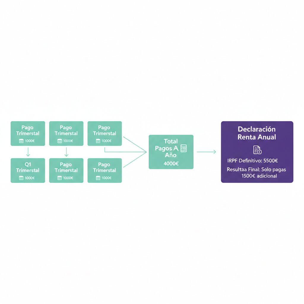 Diagrama de flujo explicando la relación entre los pagos trimestrales del Modelo 130 y el ajuste final en la Declaración de la Renta anual para autónomos en estimación directa