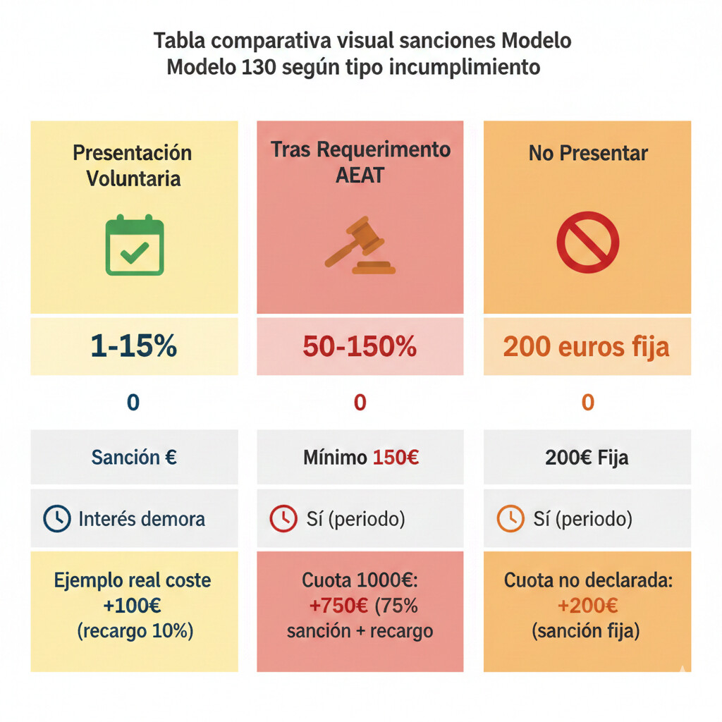 Tabla comparativa visual de las sanciones y recargos del Modelo 130 según tipo de incumplimiento, mostrando porcentajes, ejemplos de costes reales y diferencias entre presentación voluntaria vs requerimiento AEAT