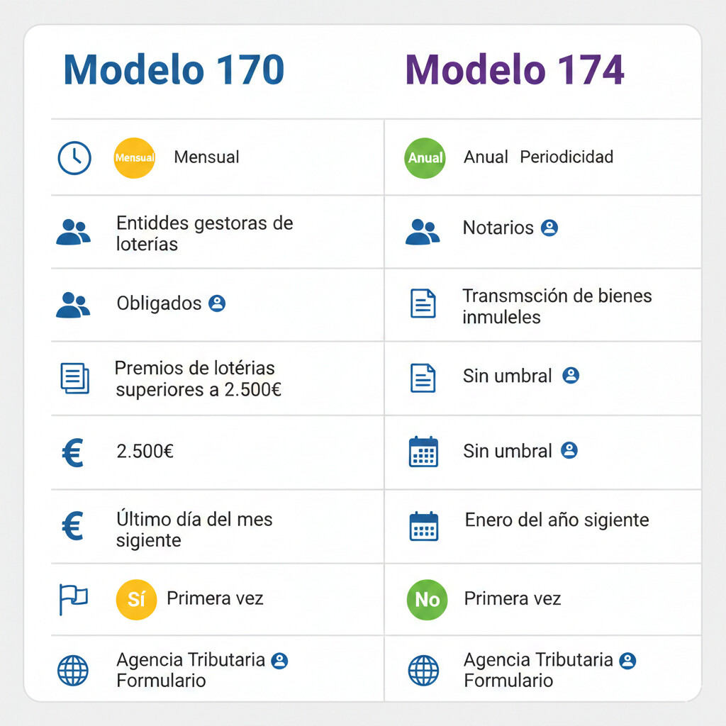 Tabla comparativa Modelo 170 vs Modelo 174 AEAT: periodicidad mensual anual, obligados autónomos bancos, umbrales, plazos presentación