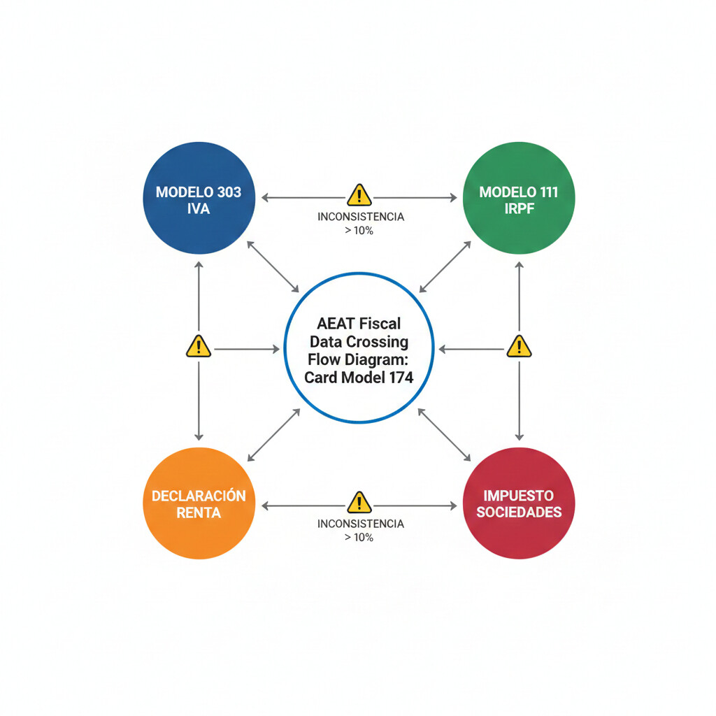 Diagrama flujo cruce datos AEAT: Modelo 174 tarjetas con Modelo 303 IVA, Modelo 111 IRPF, Declaración Renta, detección inconsistencias automática