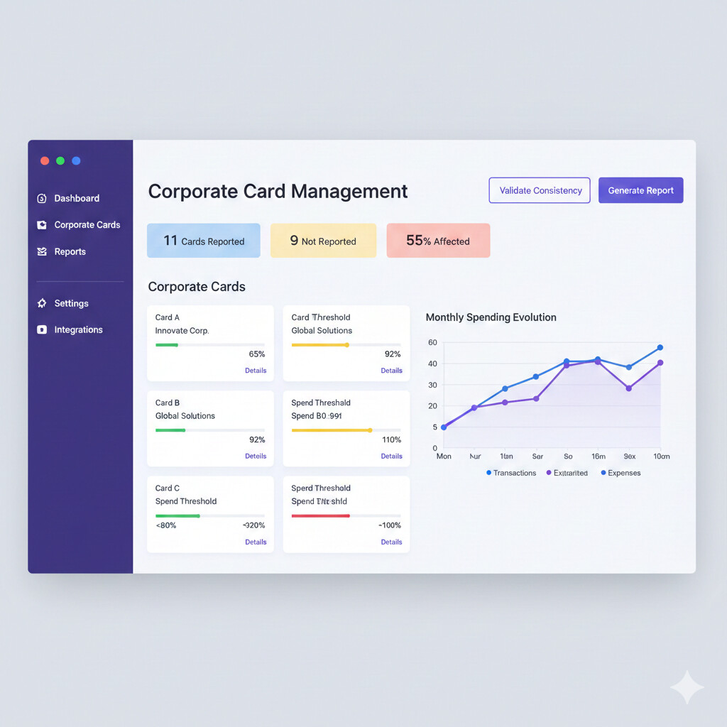 Dashboard CopilotGestoria automatización Modelo 174: monitorización umbrales tarjetas 25000 euros, validación coherencia fiscal, alertas tiempo real