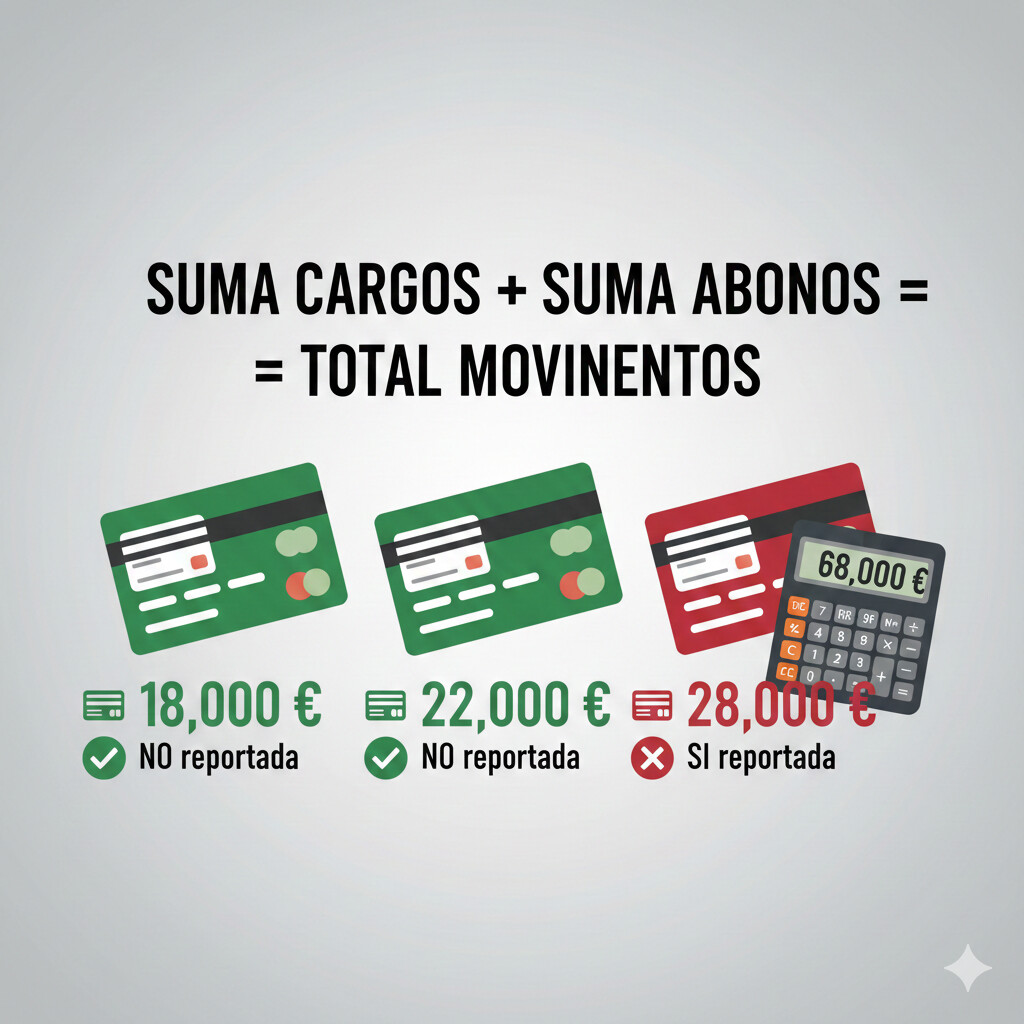 Fórmula cálculo umbral 25.000 euros Modelo 174: suma cargos más abonos anuales por tarjeta individual, ejemplos prácticos empresas
