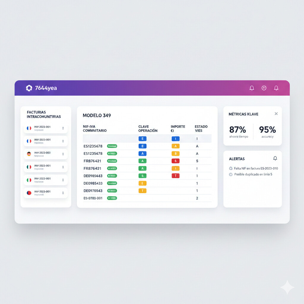 Captura de pantalla del dashboard de CopilotGestoria mostrando generación automática del Modelo 349 con validación VIES y clasificación inteligente de claves