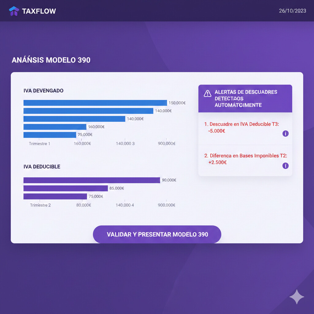 Dashboard CopilotGestoria para gestión modelo 390 con alertas de descuadres y progreso en tiempo real