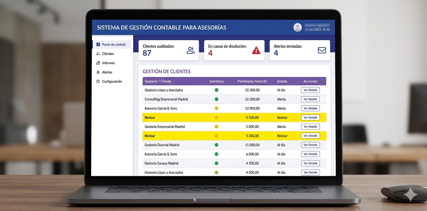 Dashboard de CopilotGestoria mostrando alertas automáticas de clientes con posible causa de disolución por pérdidas, indicadores de patrimonio neto y lista priorizada de acciones urgentes
