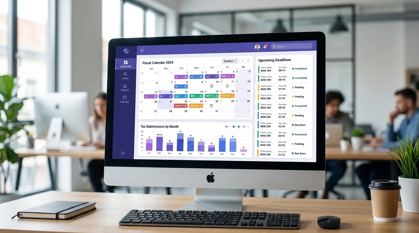 Panel de control de vencimientos fiscales de una gestoría con calendario por cliente y estado de cada modelo pendiente