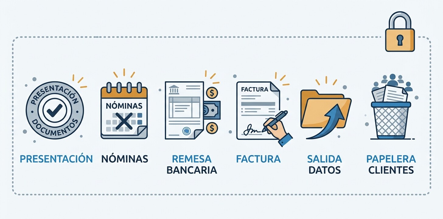 Esquema de acciones irreversibles de un despacho: presentar a la AEAT, cerrar nóminas, generar remesas, emitir facturas firmadas, exportar datos y eliminar clientes