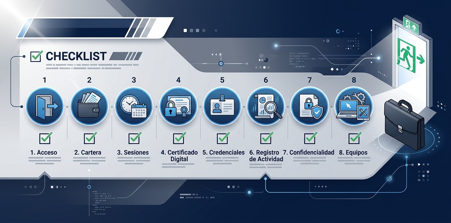 Lista de comprobación de la baja de un empleado de una gestoría: desactivar acceso, traspasar cartera, certificados de clientes, credenciales compartidas y registro de actividad