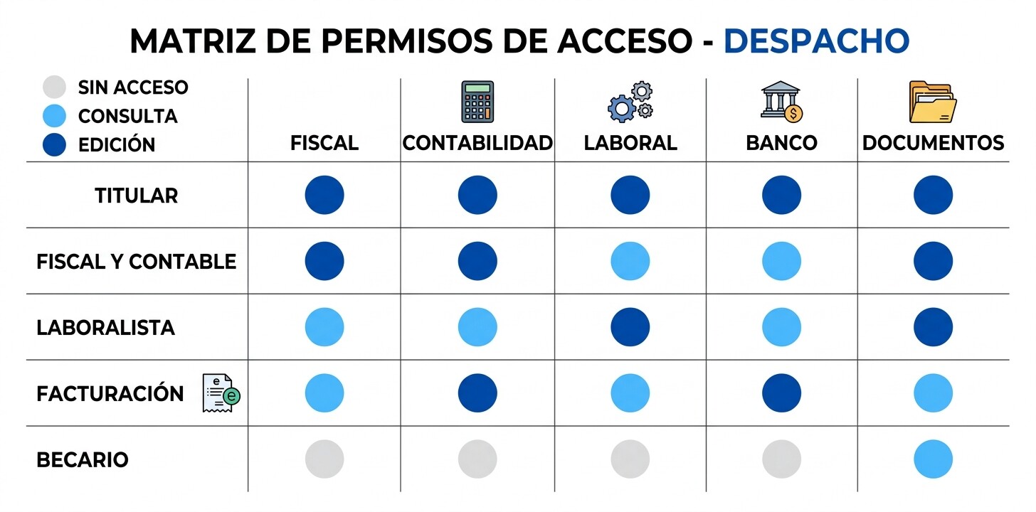 Matriz de permisos por rol y por área de un despacho: titular, fiscal, laboral, facturación y becario frente a fiscal, contabilidad, laboral, banco y documentos