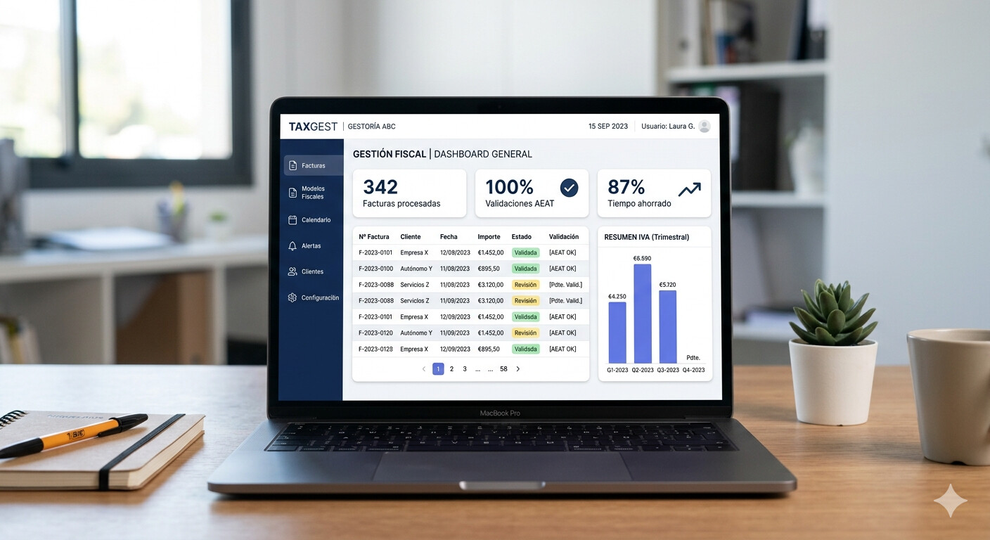 Dashboard de CopilotGestoria mostrando el estado de compliance tributario con facturas procesadas, validaciones automáticas de NIF, alertas de vencimientos y generación del Modelo 303