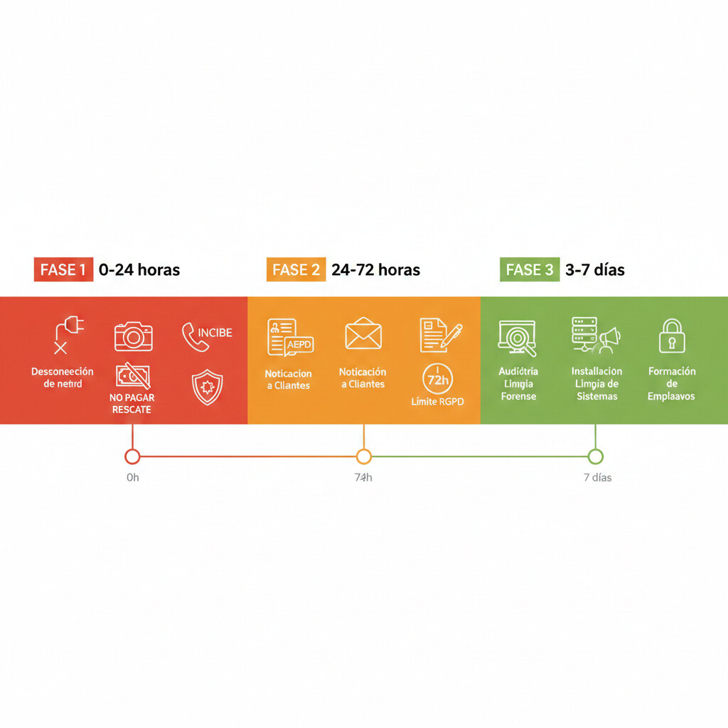 Timeline visual de plan de respuesta a incidentes de ransomware para gestorías mostrando 3 fases: primeras 24 horas (desconexión red, evaluación daños), 72 horas (notificación AEPD, comunicación clientes), 7 días (recuperación datos, auditoría forense), con iconos y acciones clave en cada etapa, estilo infografía profesional
