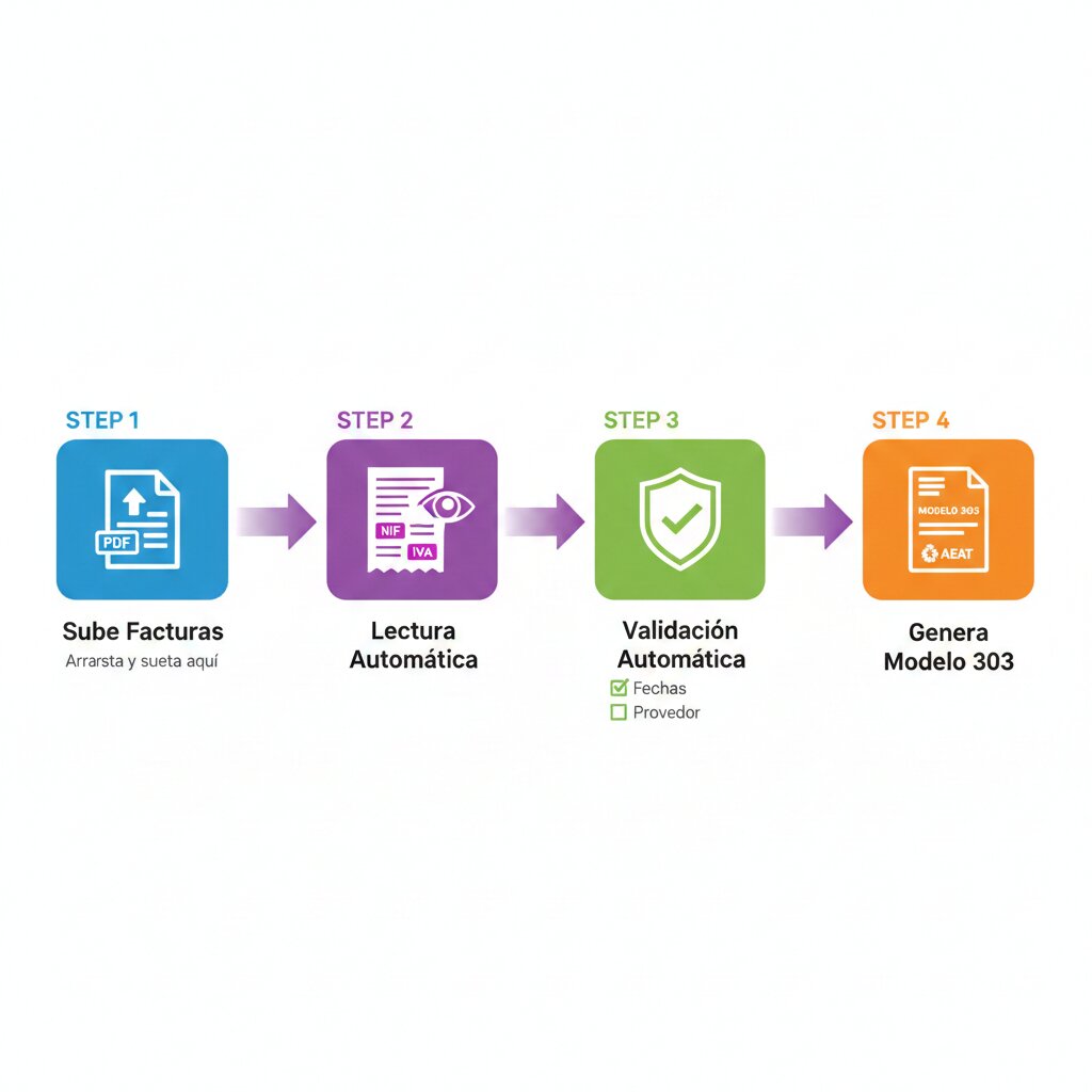 Diagrama simple de 4 pasos: subir factura, leer datos, validar automático, generar modelo 303