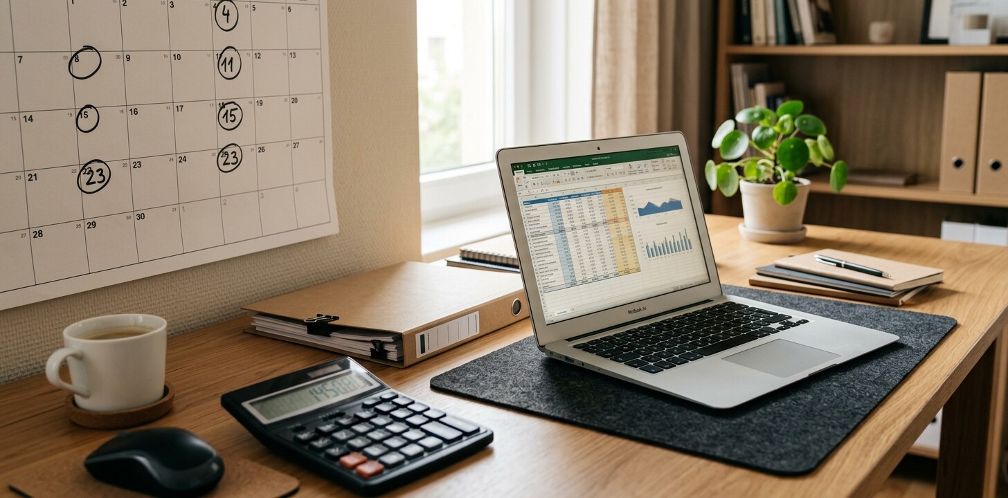 Calendario con vencimientos fiscales trimestrales de clientes de una gestoría mientras el despacho gestiona un incidente de seguridad