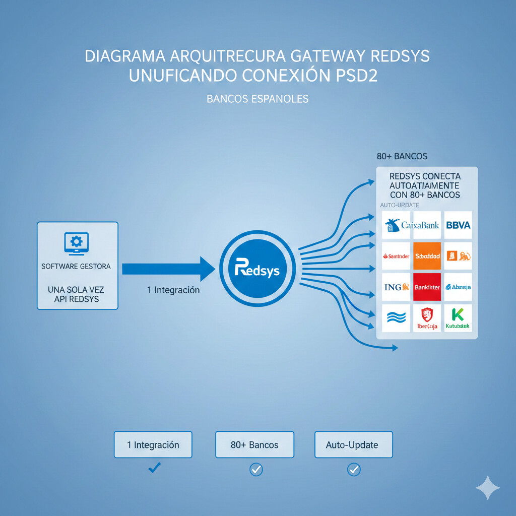 Diagrama arquitectura Redsys gateway PSD2: Software gestoría → Redsys conexión unificado → 80+ bancos españoles (CaixaBank, Santander, BBVA, Sabadell, etc)