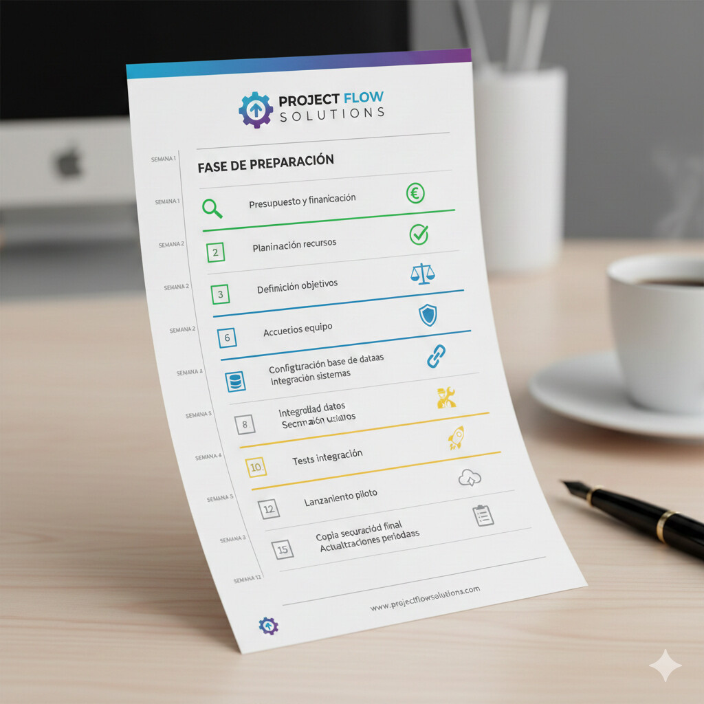 Checklist visual 15 pasos implementación registro jornada laboral digital con timeline semanas