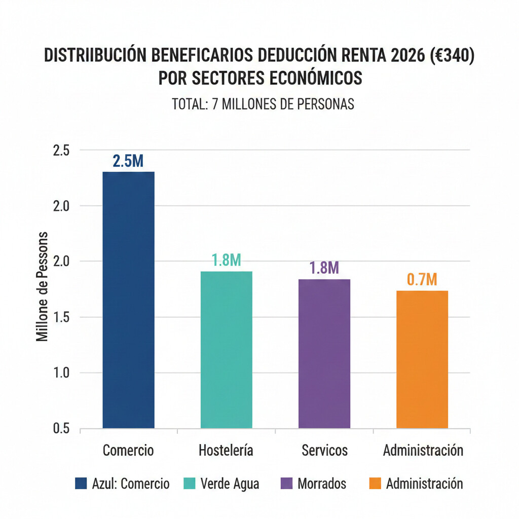 Gráfico de barras mostrando distribución de 7 millones de beneficiarios de deducción 340 euros por sectores: comercio, hostelería, servicios