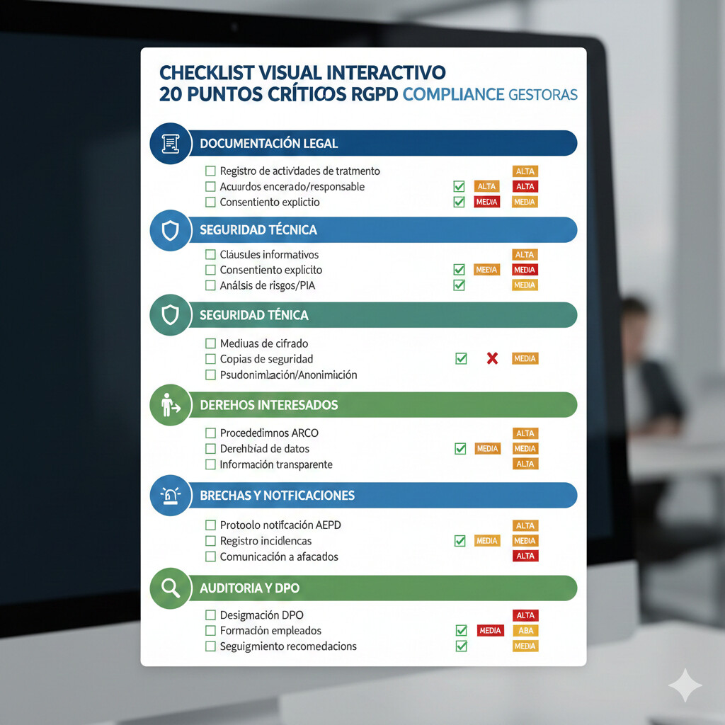 Checklist visual compliance RGPD para gestorías con 20 puntos críticos ilustrados: DPO, RAT, contratos encargado, cifrado datos, audit logs, formación equipo