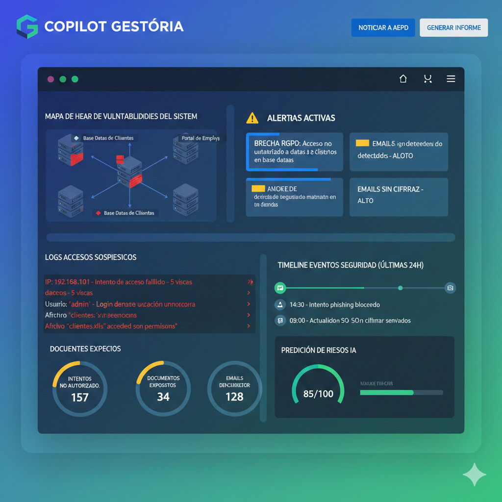 Mockup dashboard CopilotGestoria con detección automática brechas seguridad alertas tiempo real y audit logs completos para cumplimiento RGPD artículo 33