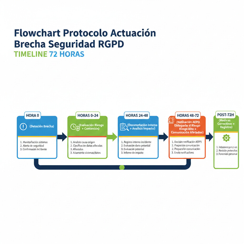 Flowchart protocolo respuesta brecha seguridad datos 72 horas AEPD con detección contención evaluación impacto notificación oficial y comunicación afectados