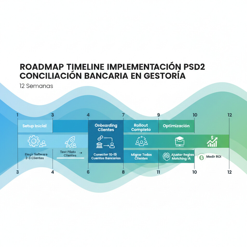 Timeline visual roadmap implementación PSD2 + automatización 12 semanas: Research (1-2) → Onboarding (3-4) → Piloto (5-6) → Rollout (7-10) → Optimización (11-12)